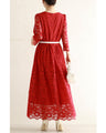 A long dress made entirely of lace and featuring a red dahlia (with belt)
