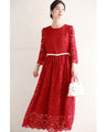 A long dress made entirely of lace and featuring a red dahlia (with belt)