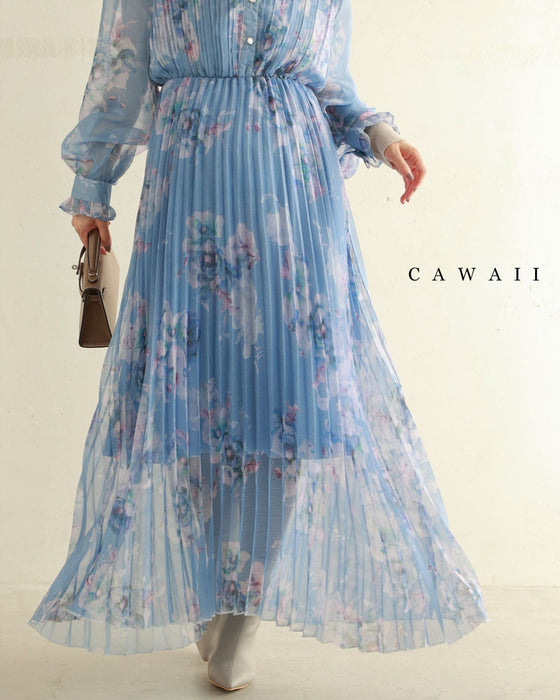透明感に揺らめく花のシアープリーツミディアムワンピース(ベルト付き)