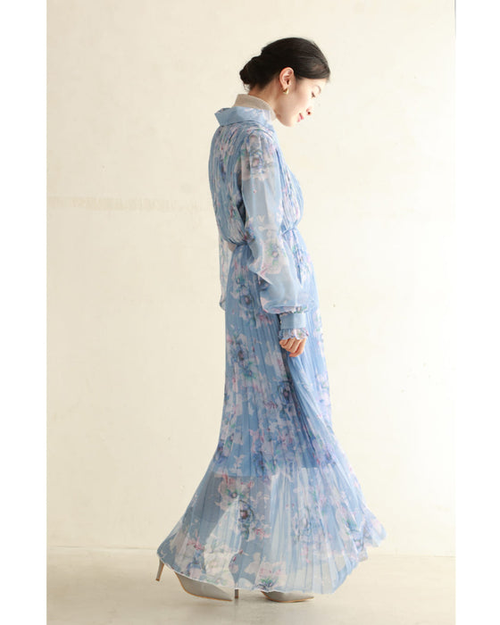 透明感に揺らめく花のシアープリーツミディアムワンピース(ベルト付き)