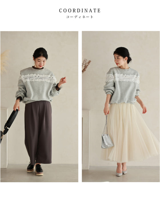 Fleece-lined pullover top with flowing white floral lace