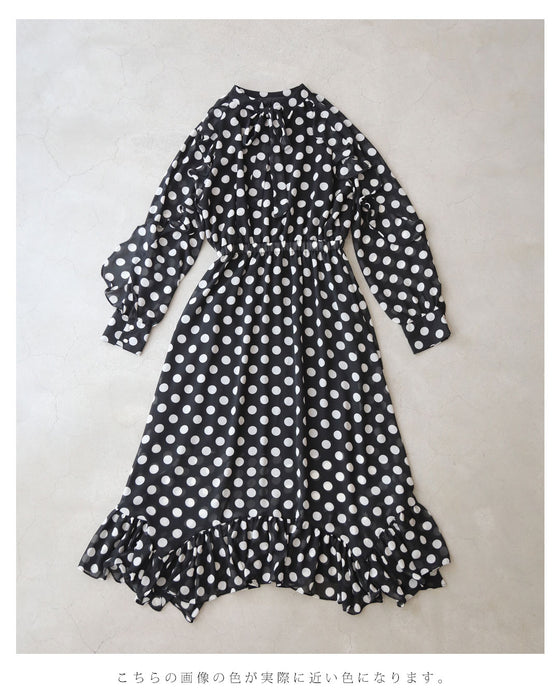 踊るランダム裾フリルのドットミディアムワンピース
