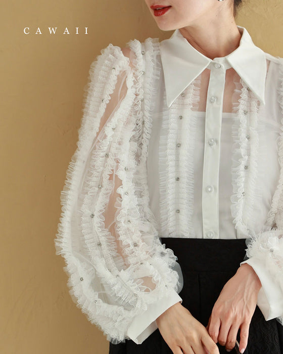 たっぷりフリルとビジュー流れるシアーブラウストップス