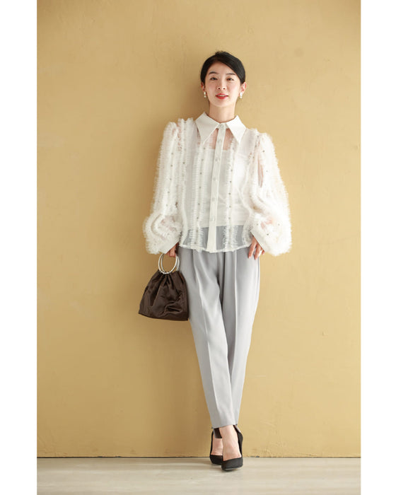 たっぷりフリルとビジュー流れるシアーブラウストップス