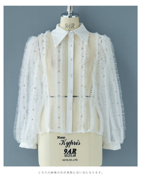 たっぷりフリルとビジュー流れるシアーブラウストップス