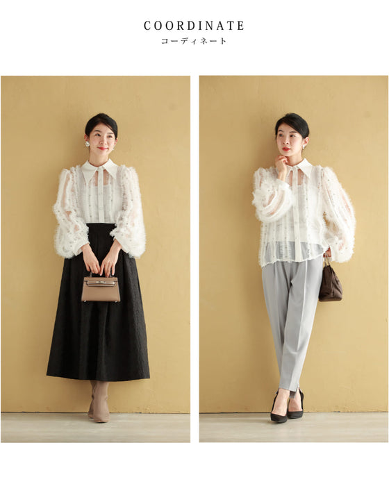 たっぷりフリルとビジュー流れるシアーブラウストップス