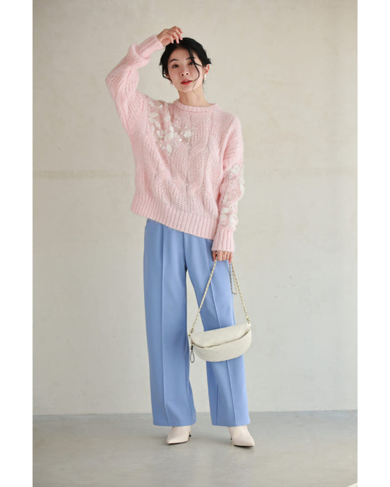 スパンコールが煌めくデコレーションチュールのニットプルオーバートップス