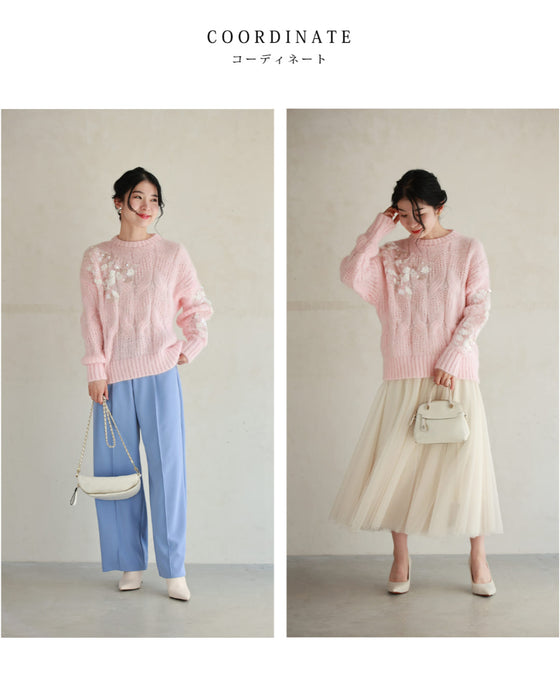 スパンコールが煌めくデコレーションチュールのニットプルオーバートップス