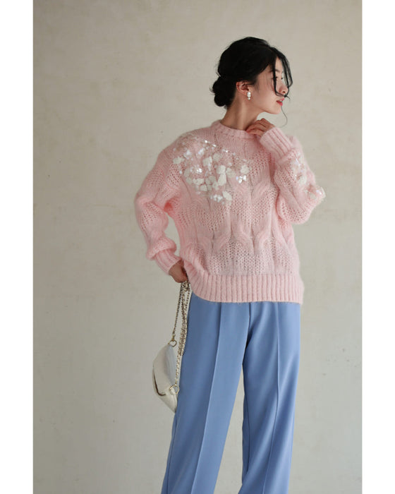 スパンコールが煌めくデコレーションチュールのニットプルオーバートップス