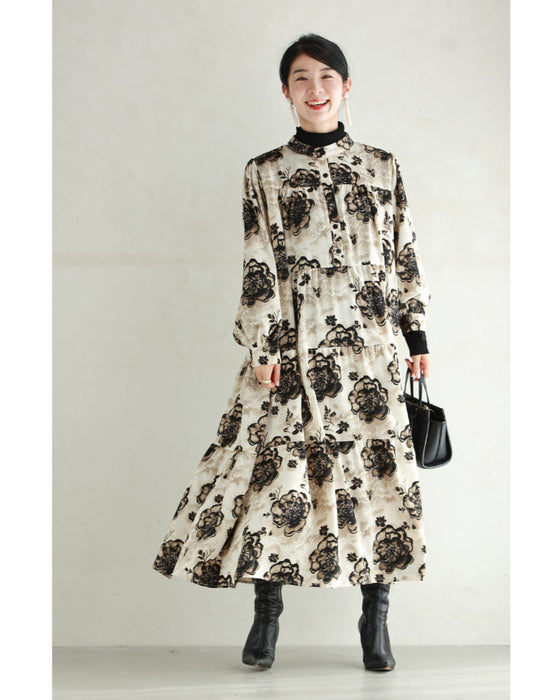 滲み描く花のティアードロングワンピース(紐ベルト付き)