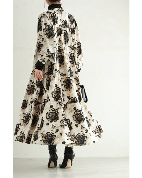 滲み描く花のティアードロングワンピース(紐ベルト付き)