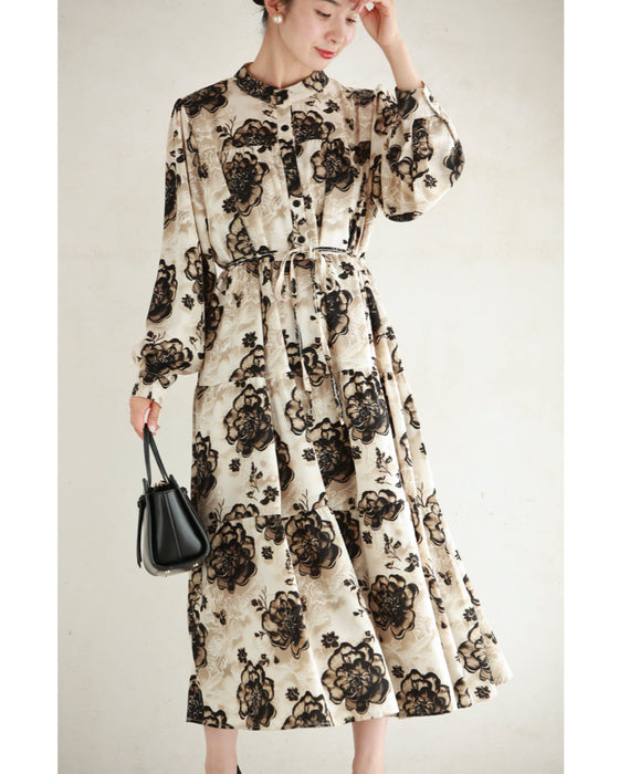 滲み描く花のティアードロングワンピース(紐ベルト付き)
