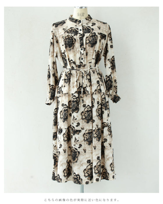 滲み描く花のティアードロングワンピース(紐ベルト付き)