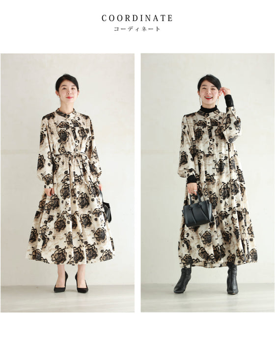 滲み描く花のティアードロングワンピース(紐ベルト付き)