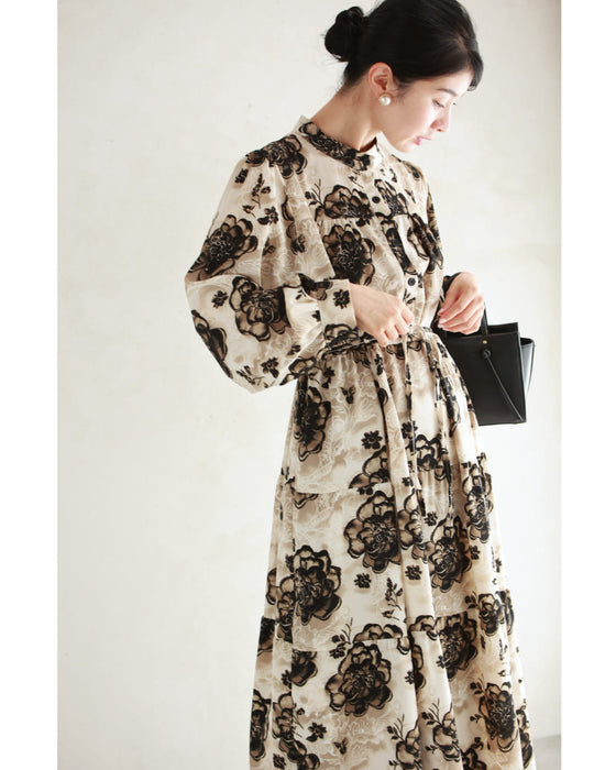 滲み描く花のティアードロングワンピース(紐ベルト付き)