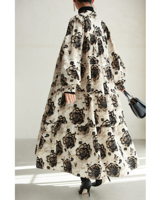 滲み描く花のティアードロングワンピース(紐ベルト付き)