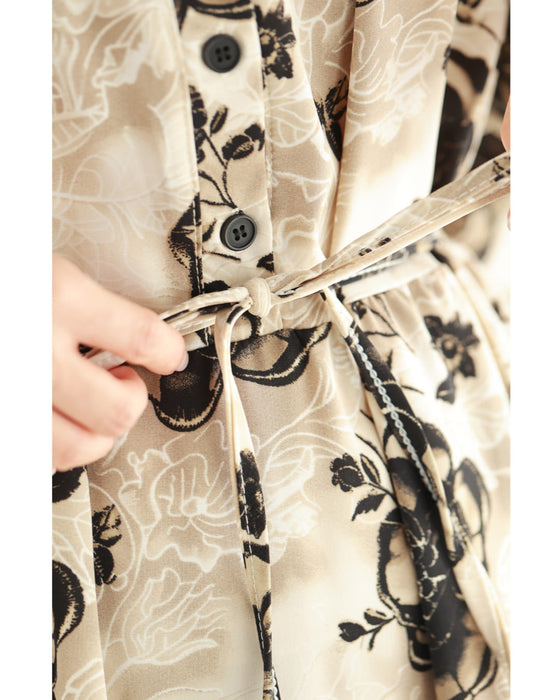 滲み描く花のティアードロングワンピース(紐ベルト付き)