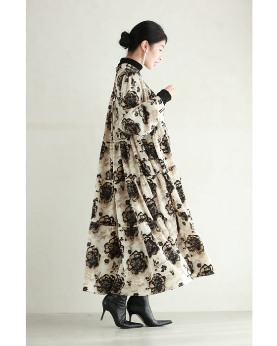 滲み描く花のティアードロングワンピース(紐ベルト付き)