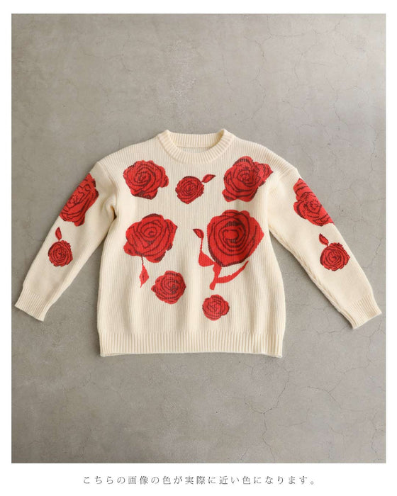 満開のバラ咲くニットプルオーバートップス