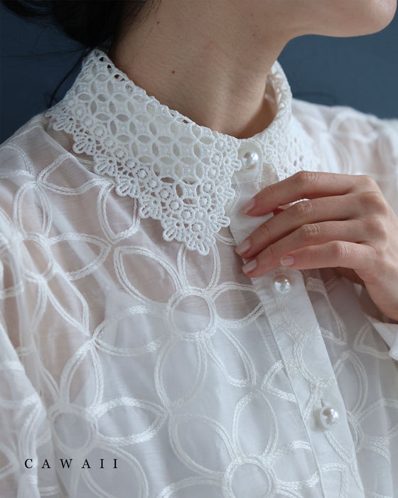 花刺繍が咲き広がるレース襟シアーブラウス(インナー付き)【set】