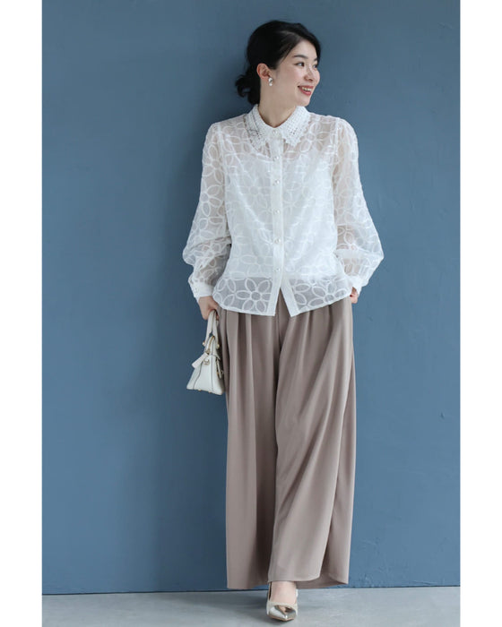 花刺繍が咲き広がるレース襟シアーブラウス(インナー付き)【set】