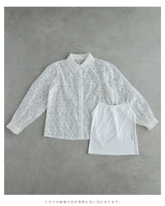 花刺繍が咲き広がるレース襟シアーブラウス(インナー付き)【set】