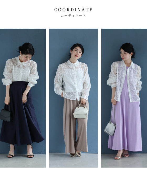 花刺繍が咲き広がるレース襟シアーブラウス(インナー付き)【set】