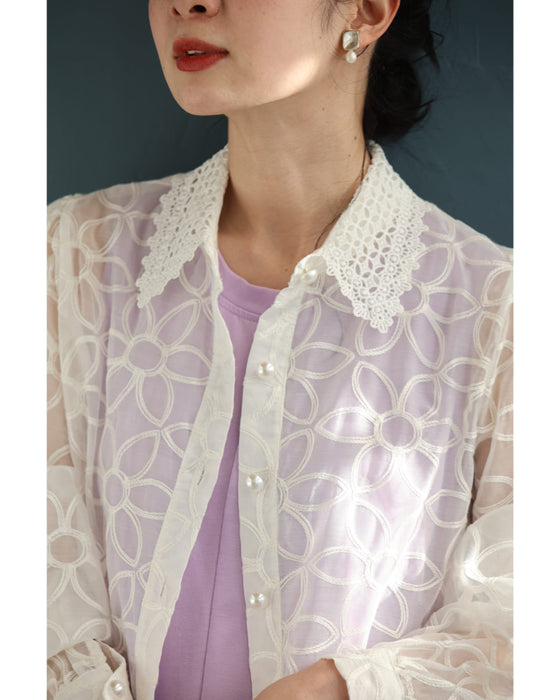 花刺繍が咲き広がるレース襟シアーブラウス(インナー付き)【set】