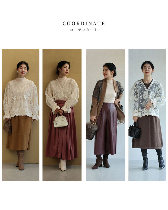 刺繍ベールカーディガンとリブカットソートップス2点セット【set】