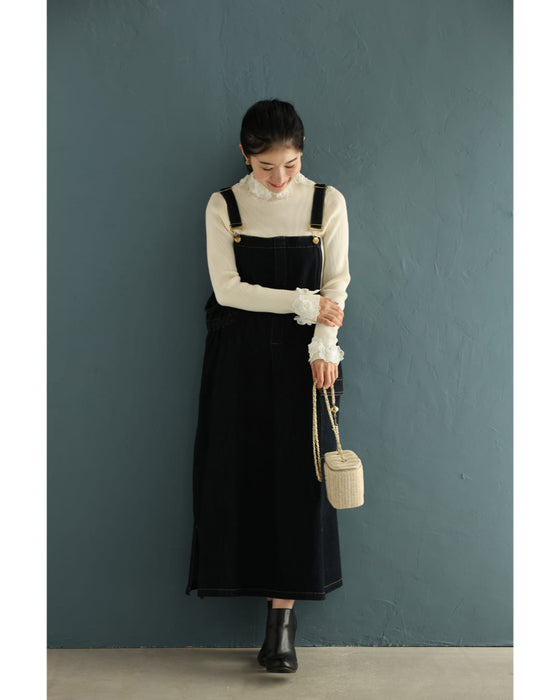 囲む花コサージュのリブニットカットソートップス