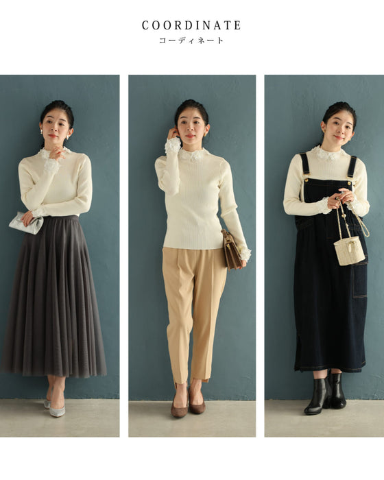 囲む花コサージュのリブニットカットソートップス