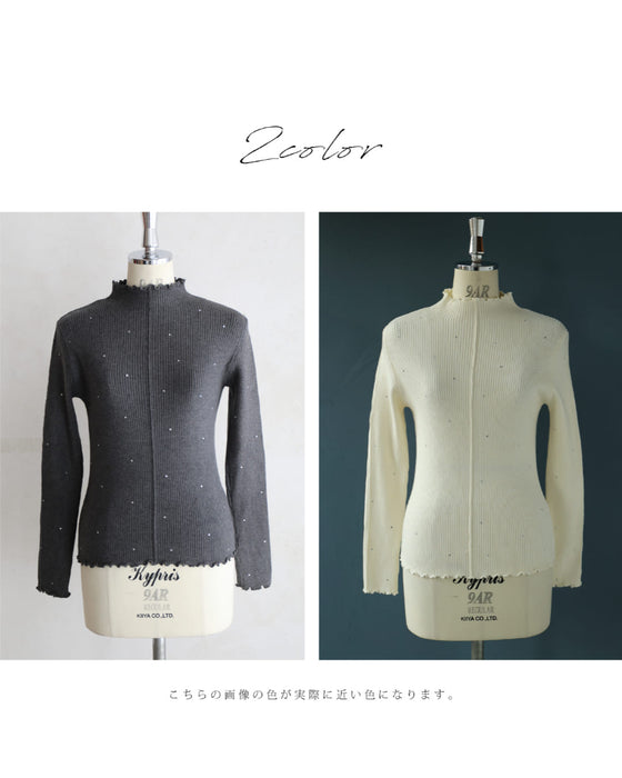 トライアングルのビジュー輝くリブカットソートップス