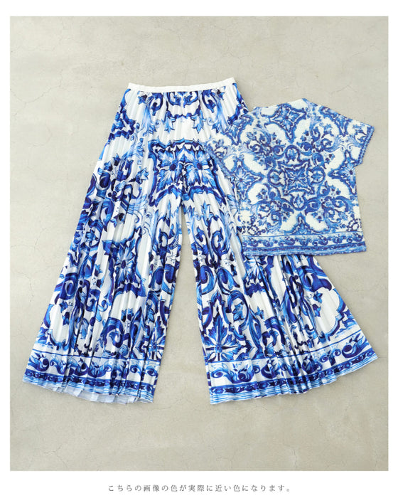 エレガントな伸びやかカットソーとプリーツパンツの2点セット【set】