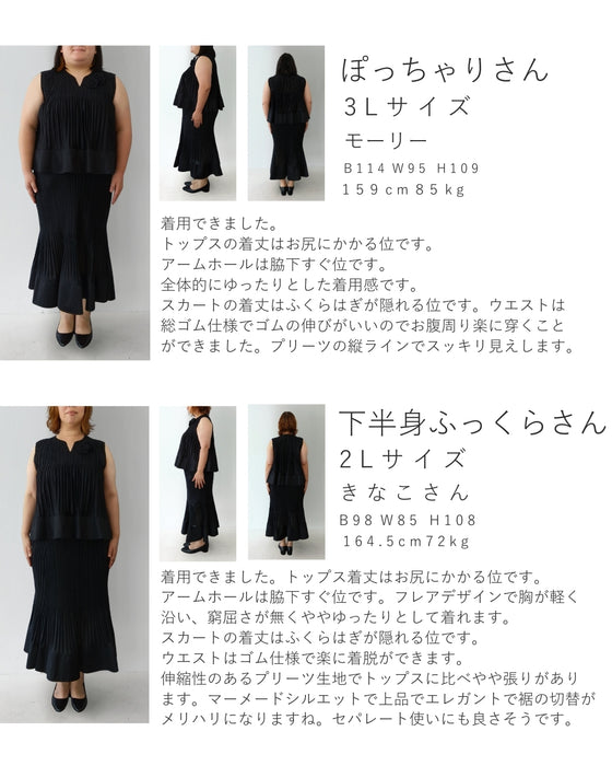 伸びやかプリーツのフレア裾カットソーとフレア裾スカートの2点セット(ブローチ2個付き)【set】