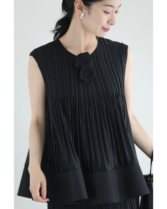 伸びやかプリーツのフレア裾カットソーとフレア裾スカートの2点セット(ブローチ2個付き)【set】