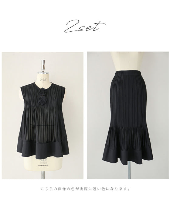 伸びやかプリーツのフレア裾カットソーとフレア裾スカートの2点セット(ブローチ2個付き)【set】