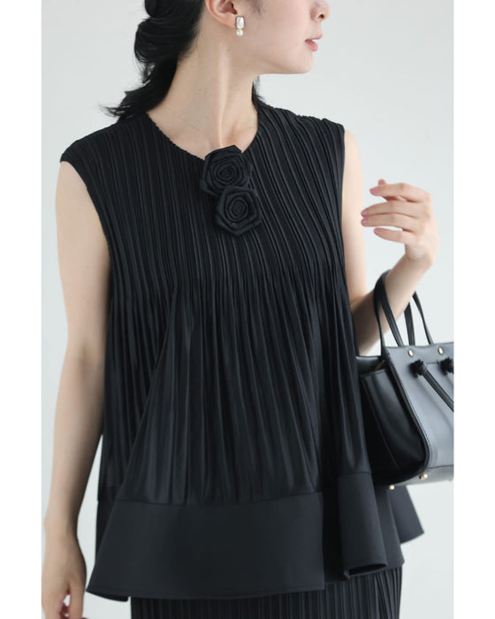 伸びやかプリーツのフレア裾カットソーとフレア裾スカートの2点セット(ブローチ2個付き)【set】