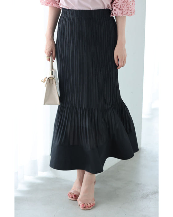 伸びやかプリーツのフレア裾カットソーとフレア裾スカートの2点セット(ブローチ2個付き)【set】