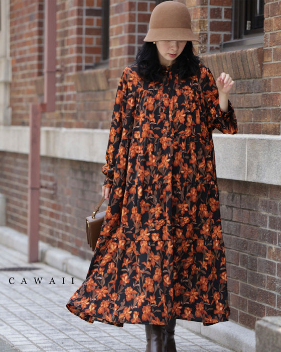 【予約商品】灯色の花が広がるティアードミディアムワンピース(紐ベルト付き)