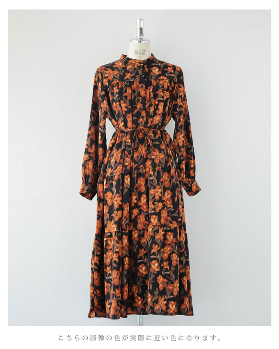 【予約商品】灯色の花が広がるティアードミディアムワンピース(紐ベルト付き)