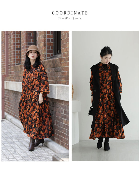 【予約商品】灯色の花が広がるティアードミディアムワンピース(紐ベルト付き)