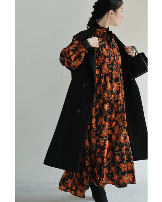 【予約商品】灯色の花が広がるティアードミディアムワンピース(紐ベルト付き)