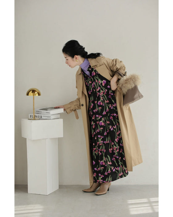 紫色の花咲くクラシカルレディミディアムワンピース(紐ベルト付き)