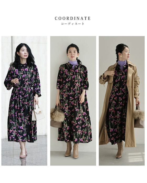 紫色の花咲くクラシカルレディミディアムワンピース(紐ベルト付き)
