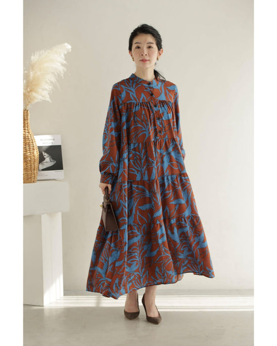 アーティスティックな植物柄ティアードミディアムワンピース(紐ベルト付き)