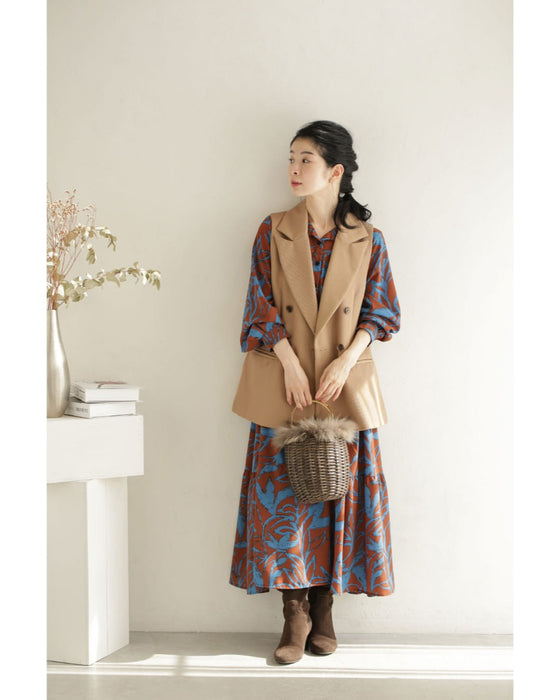 アーティスティックな植物柄ティアードミディアムワンピース(紐ベルト付き)