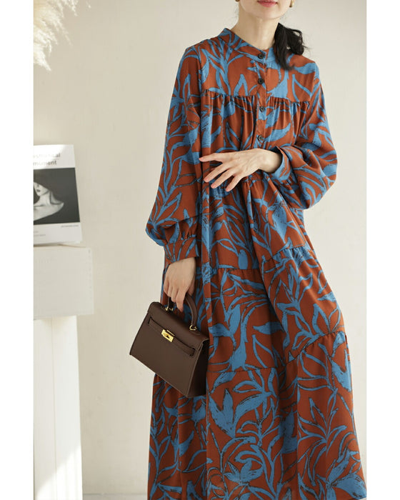 アーティスティックな植物柄ティアードミディアムワンピース(紐ベルト付き)