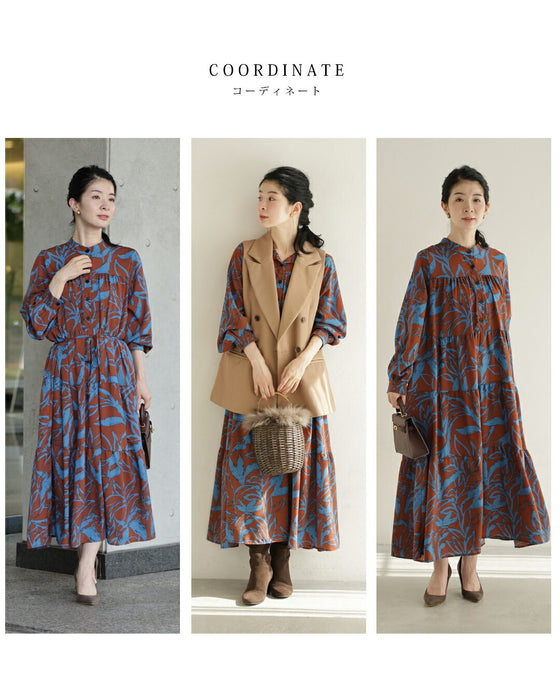 アーティスティックな植物柄ティアードミディアムワンピース(紐ベルト付き)