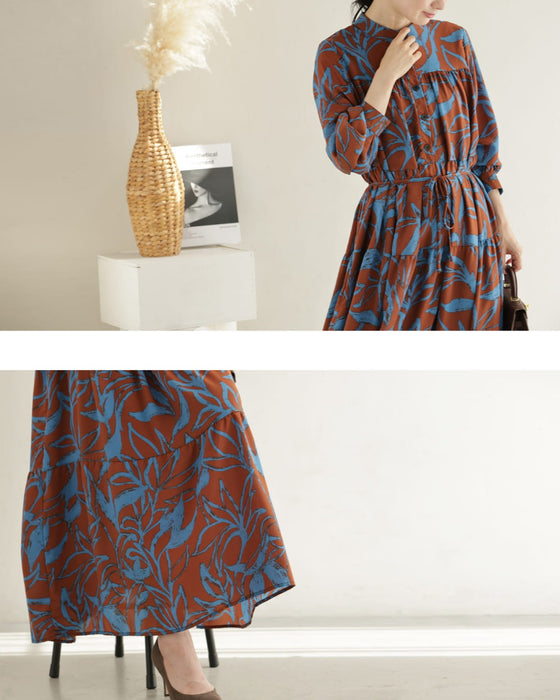 アーティスティックな植物柄ティアードミディアムワンピース(紐ベルト付き)