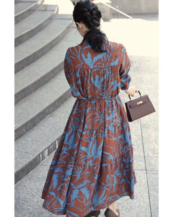 アーティスティックな植物柄ティアードミディアムワンピース(紐ベルト付き)